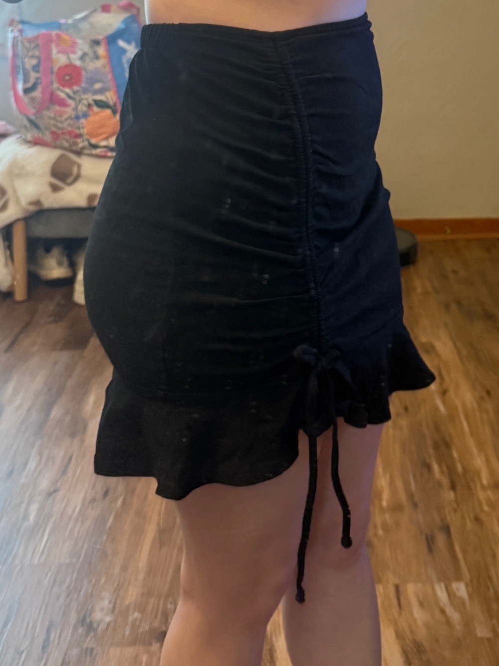 SO Black Ruched Drawstring Mini Skirt with Ruffle Hem
